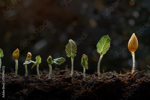 the stages of seedling development, from the emergence of the radicle to the formation of true leaves photo
