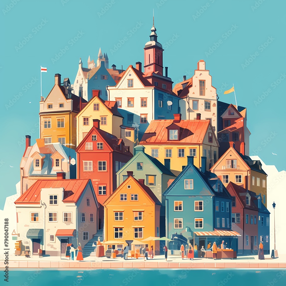 Experience the Historic Charm of Stockholm with this Delicate Illustration Depicting its Iconic Stortorget Square in a Modern Twist