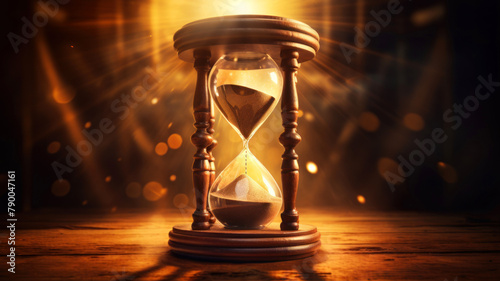 Hourglass on wooden table. Time passing concept. Sand clock.