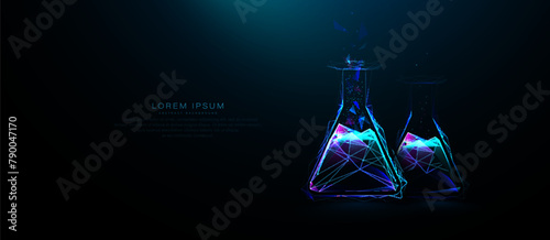 Laboratory flasks. Science laboratory glassware. Low polygonal, wireframe, and mesh illustration
