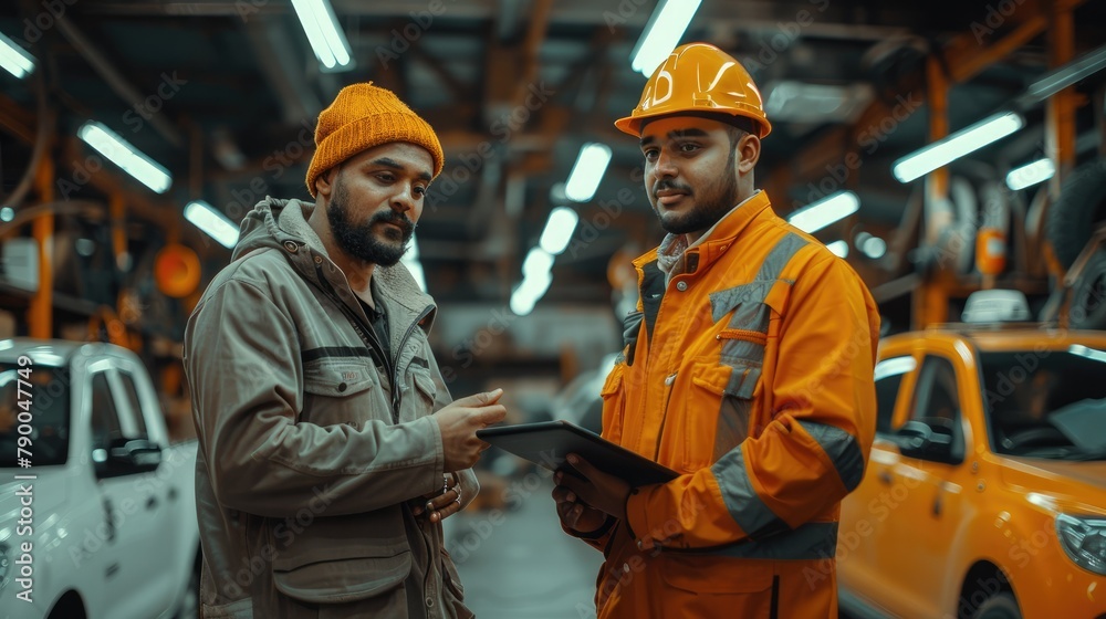 Young taxi company owner with a tablet standing with a mechanic dressed like a mechanic in a garage. Generative AI. Young taxi company owner with a tablet standing with a mechanic dressed like a mechanic in a garage. Generative AI.