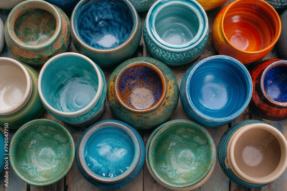 Multicolored patterned ethnic ceramic tableware. Multicolored patterned ethnic ceramic tableware.