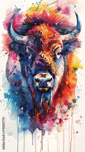 Sketchy bison portrait wallpaper in watercolor colorful desing isolated . photo