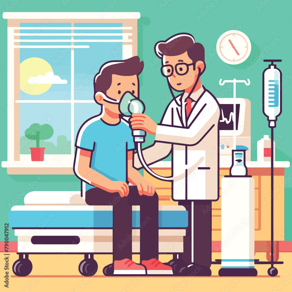 illustration of a man being given oxygen due to shortness of breath by a doctor in a hospital
