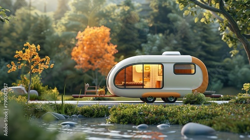 Modern concept of family travel, The house on wheels rides along the road on a patch of nature, 3d render. Generative AI.