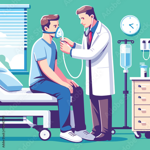 illustration of a man with asthma being given oxygen by a doctor