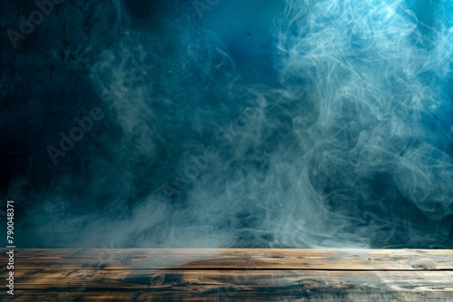 Smoke rising from empty wooden table on dark background - product display space. Beautiful simple AI generated image in 4K, unique. photo