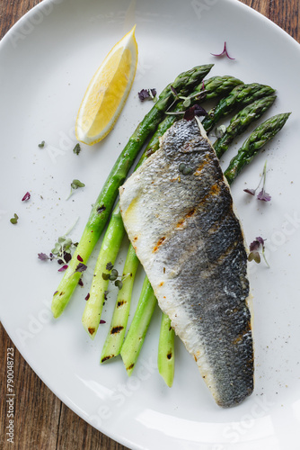 Sea bass fillet with asparagus. Lunch, brunch, food photography, healthy food, diet.