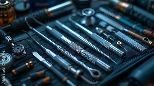 Experience the beauty of functionality in the close-up view of medical tools, each component a masterpiece of design and engineering, captured in full ultra HD glory. photo