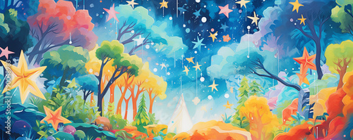A painting of a forest with trees and stars