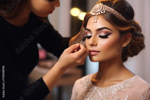Indian make-up artist applying makeup to beautiful female bride