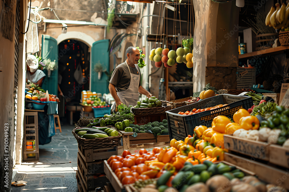 Vendeur de marché traditionnel dans une ruelle, produits frais