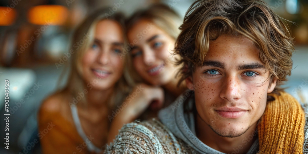 Cute young man with female admirers in background Cute young man with female admirers in background