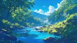 A tranquil blue river peacefully flows through a lush quiet forest under a serene blue sky