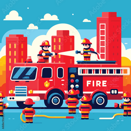 illustration of a firefighter with a fire truck © Ngilustrasi