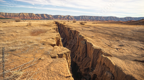 Large deep canyon in desert, faultline or crack in planet surface photo