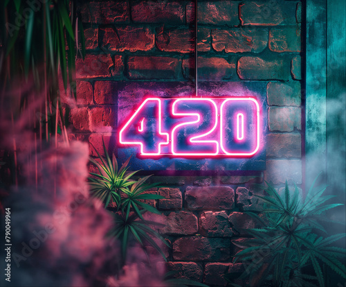 A glowing neon sign that says 420 in a smokey room with brick walls