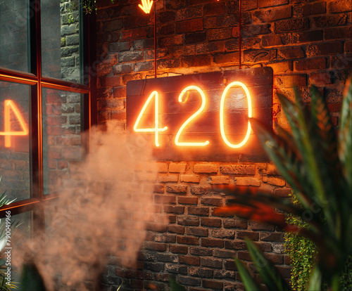 A glowing neon sign that says 420 in a smokey room with brick walls