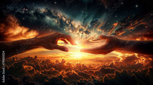 Two hands reaching for one another in front of clouds and sun