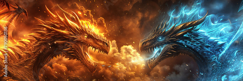 Red and blue dragons face off in confrontation, fire and ice contrast