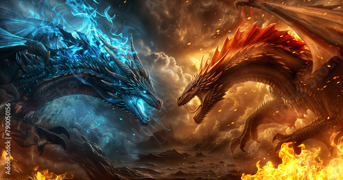 Red and blue dragons face off in confrontation, fire and ice contrast