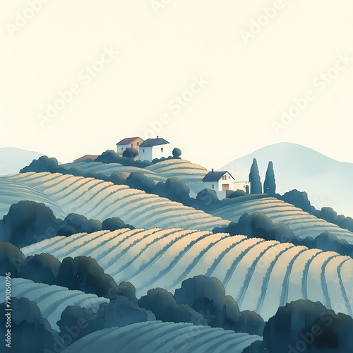 Enchanting Landscape Illustration of a Rolling Hillside with Orchards and Farmhouses