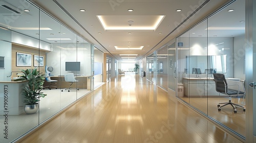 An open-concept consultation area, showcasing glass partitions between doctor offices and examination rooms, as well as high-tech medical equipment and electronic. Generative AI.