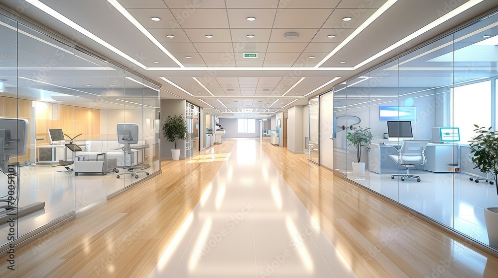 An open-concept consultation area, showcasing glass partitions between doctor offices and examination rooms, as well as high-tech medical equipment and electronic. Generative AI. An open-concept consultation area, showcasing glass partitions between doctor offices and examination rooms, as well as high-tech medical equipment and electronic. Generative AI.