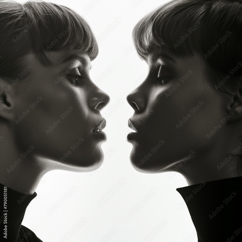Artistic profile view of a symmetrical female face reflecting concept of duality.