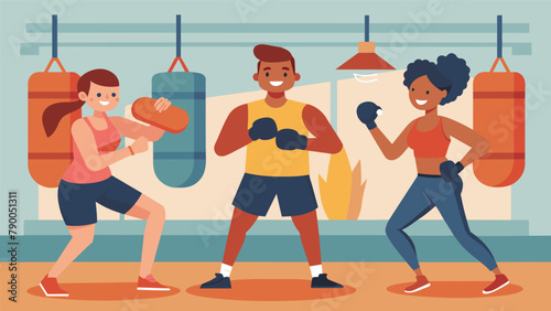 A group of friends sparring in a boxing gym laughing and having fun while improving their physical coordination and strength.