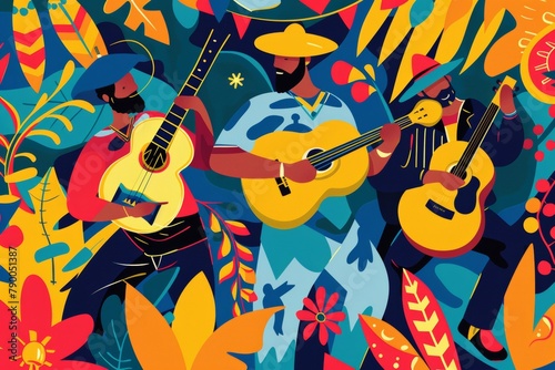 Musicians with guitars immersed in a tropical setting, ideal for cultural events, music festivals, or vibrant summer themes.