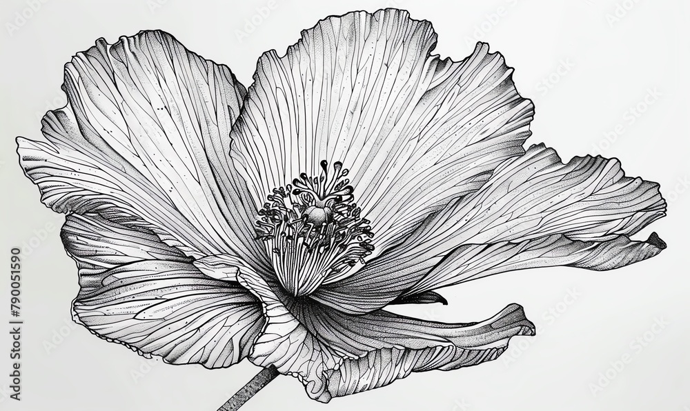 Illustrate a frontal view of a rare flower species using detailed pen ...