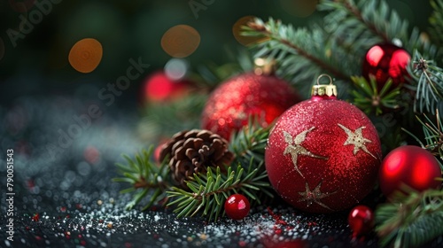 Fir tree and ball decoration isolated on black.AI generated image photo