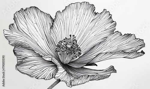 Illustrate a frontal view of a rare flower species using detailed pen and ink techniques, emphasizing the fine lines and textures of the flower, creating a striking visual