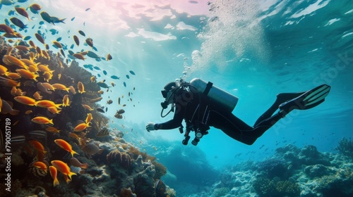 Wallpaper Mural Scuba diver diving on tropical reef with blue background and reef fish Torontodigital.ca