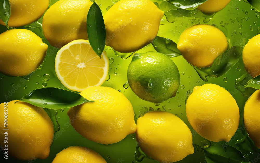 fresh lemons fly with splash of water on yellow background
