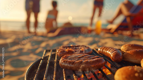 A beach picnic with a small grill cooking sausages and burgers, with friends lounging and playing in the background. , natural light, soft shadows, with copy space photo