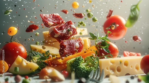 Flying food products, namely meat, vegetables and cheese, a fork is flying nearby, there is a lot of haze around, splashes. Generative AI. photo
