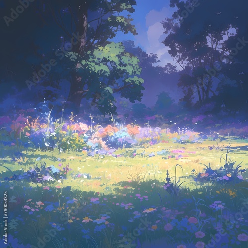 A captivating daytime scene featuring a lush meadow brimming with a variety of colorful wildflowers and tall grasses.
