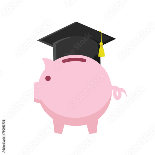 illustration with the concept of a college savings plan with a piggy bank wearing a graduation cap, vector illustration in flat style