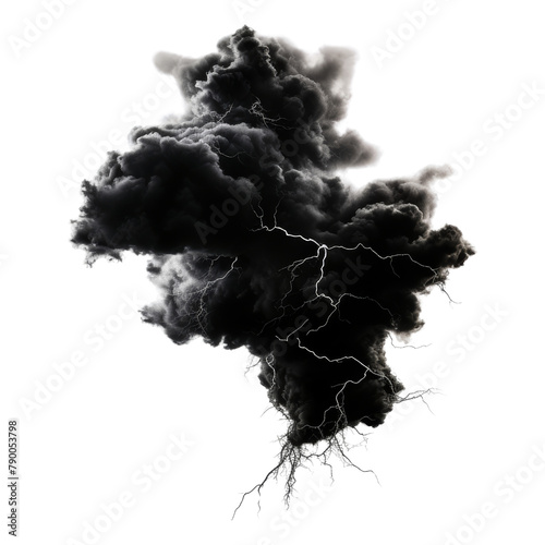 lightning in the black cloud isolated on transparent background cutout