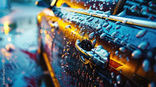 Liquid Jewels: A macro shot of glistening water beads and clinging soap on a car surface..