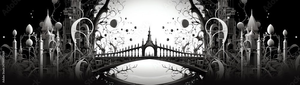 High contrast, surreal and symmetrical gateway made from intertwined playing card symbols, leading to a fantasy kingdom
