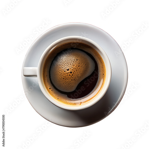 Cup of black coffee on transparent background. Top view