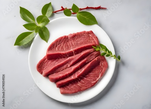 Raw beef slices on a white plate with fresh green leaves on the side