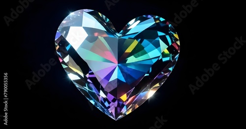 A large  colorful heart-shaped diamond with a dark background  displaying a variety of vibrant colors and reflections
