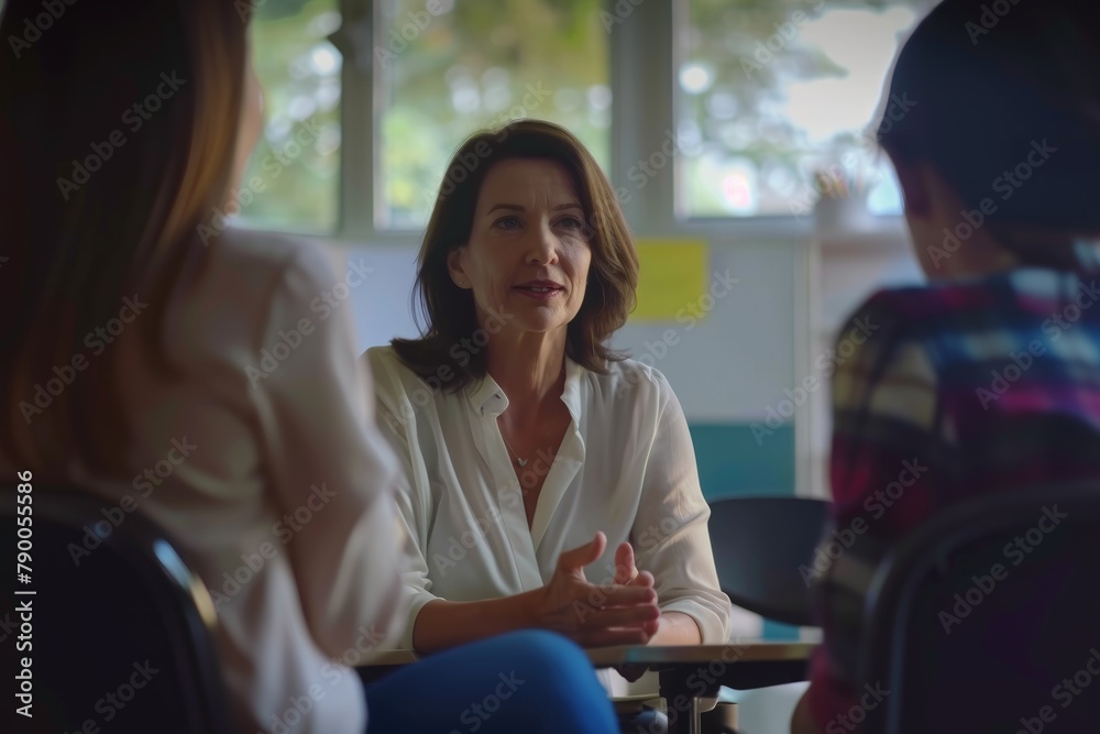 American woman teacher leading classroom discussion American woman teacher leading classroom discussion