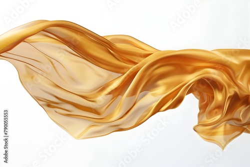 Flowing Golden Silk Scarf in Graceful Motion Against White Backdrop
