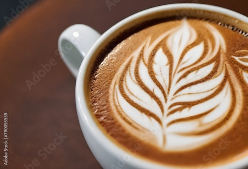 A close-up of a cup of coffee with intricate latte art, featuring a leaf or flower-like design on the surface of the foam