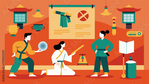 An interactive museum exhibit featuring artifacts and mcripts from notable martial arts masters providing insight into their training ods and